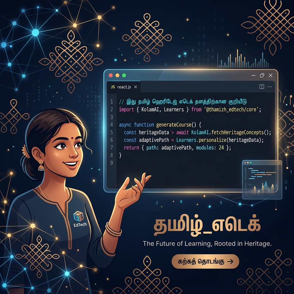 Tamil Heritage and Modern Tech coding platform illustration